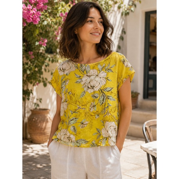 Nicole Miller Tops - Nicole Miller 100% Linen Yellow Floral Button Back Boxy Top Large Lagonlook